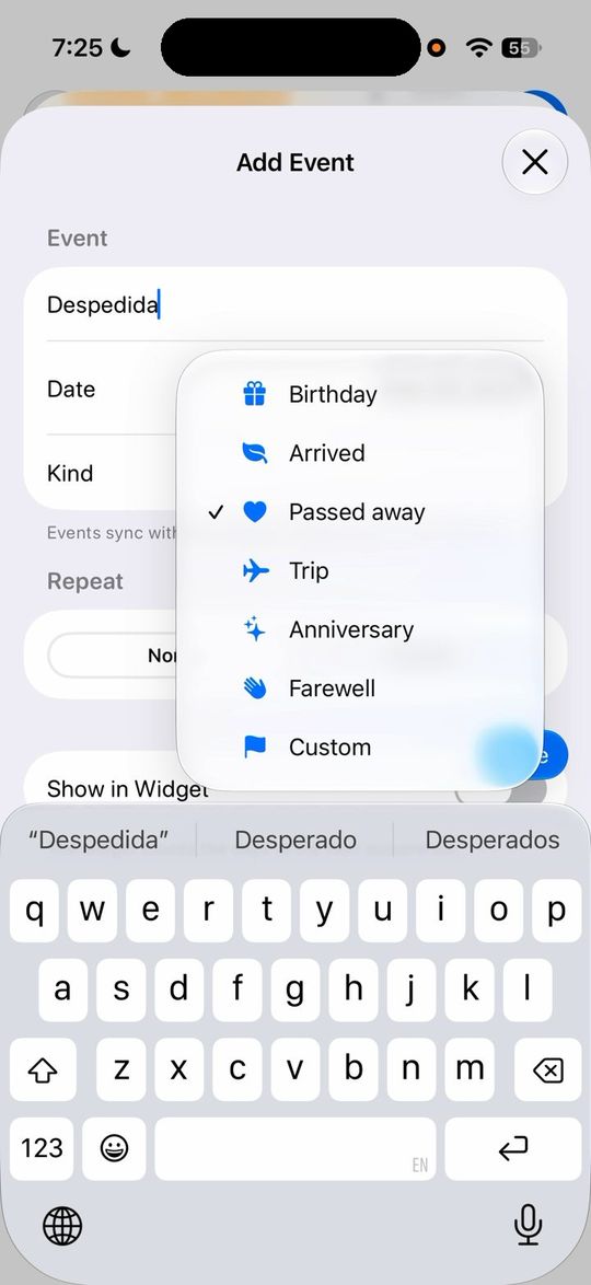 Add Event: siete tipos, Repeat y Show in Widget.