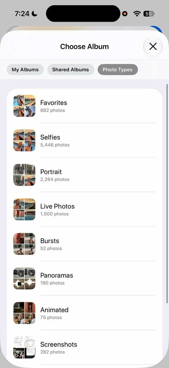 Choose Album: My Albums, Shared Albums y Photo Types.