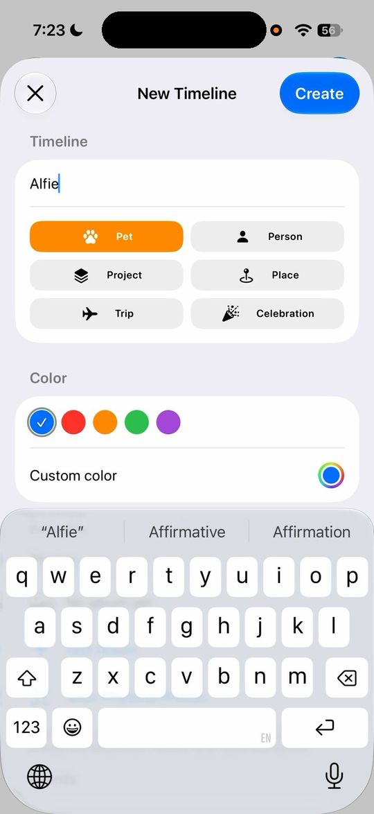 New Timeline: nombre, seis tipos, color y Custom color.